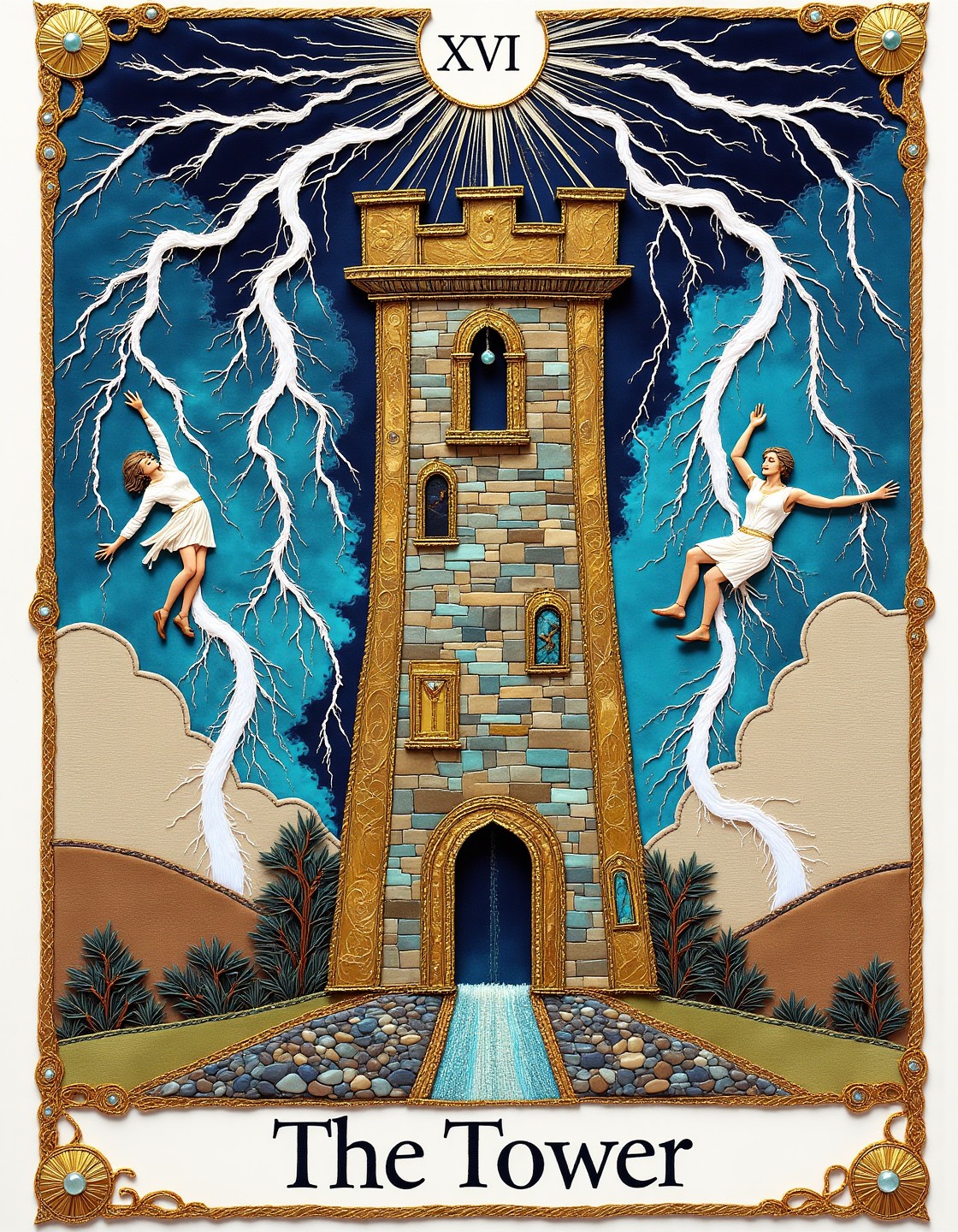 16 Tarot card of The Tower, with text _XVI_ at the top and text _The Tower_ at the bottom, struck by lightning, people falling from 1674766392 c=1 20 0.4 Euler flux1-dev-Q4_0.jpg